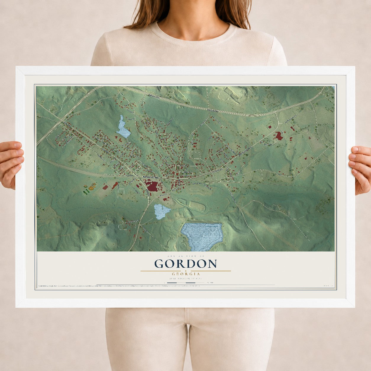 Gordon, Georgia map print, 18" x 24" W/ White Ayous Wood Frame mockup