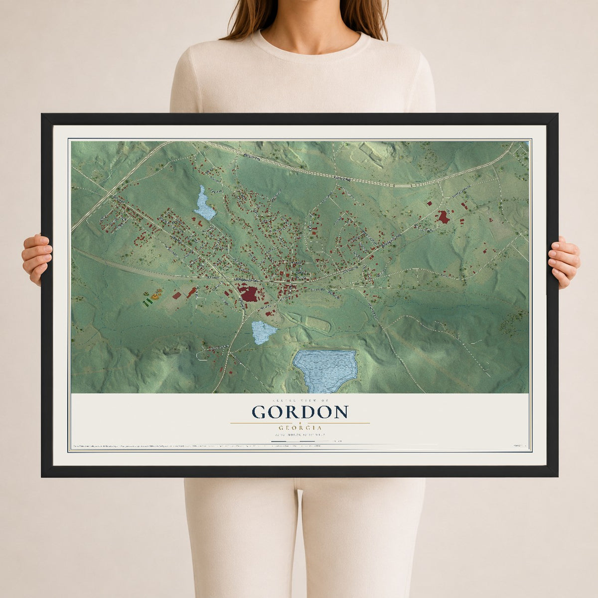 Gordon, Georgia map print, 24" x 36" W/ Black Ayous Wood Frame mockup