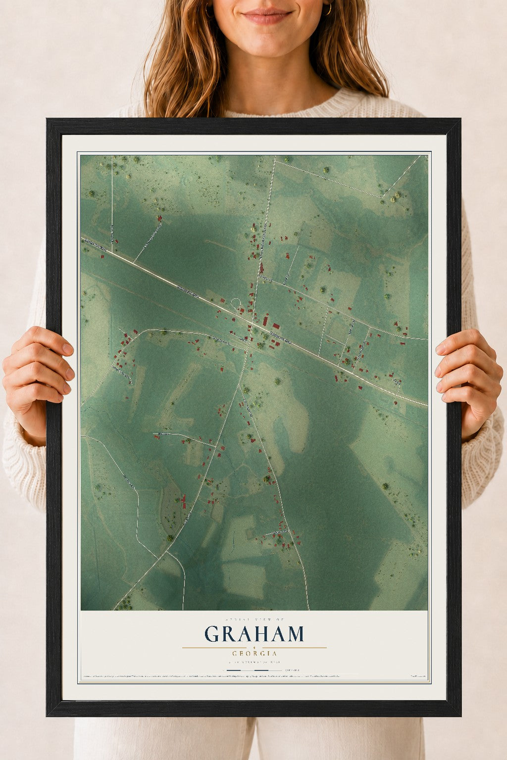 Graham, Georgia map print, 18" x 24" W/ Black Ayous Wood Frame mockup