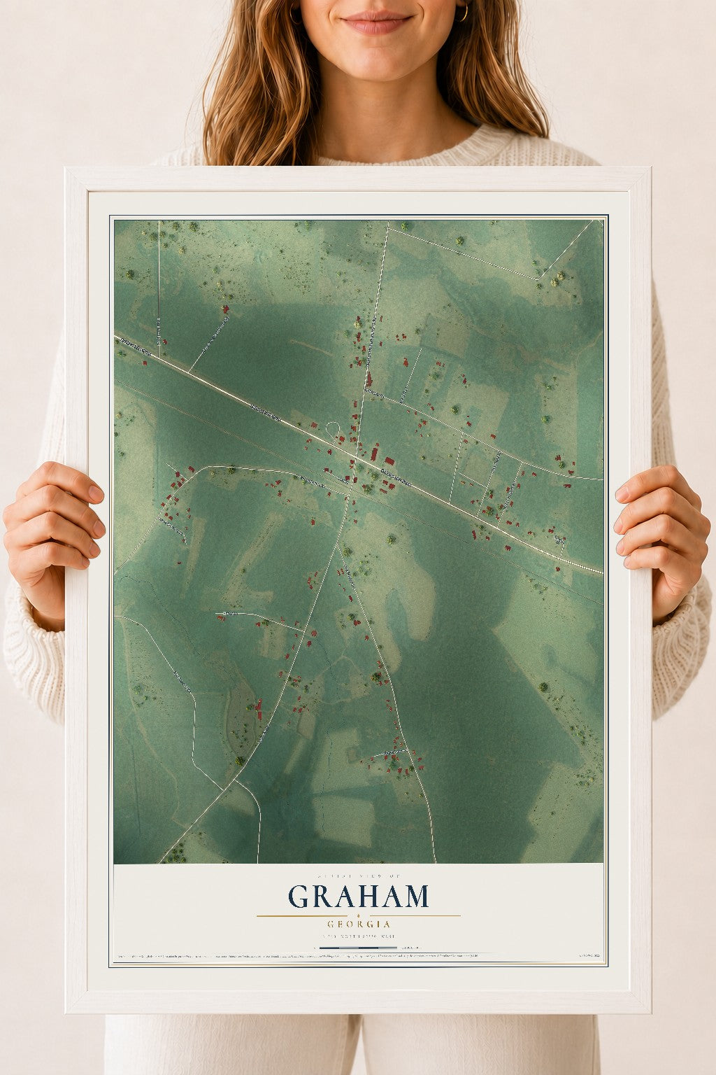Graham, Georgia map print, 18" x 24" W/ White Ayous Wood Frame mockup