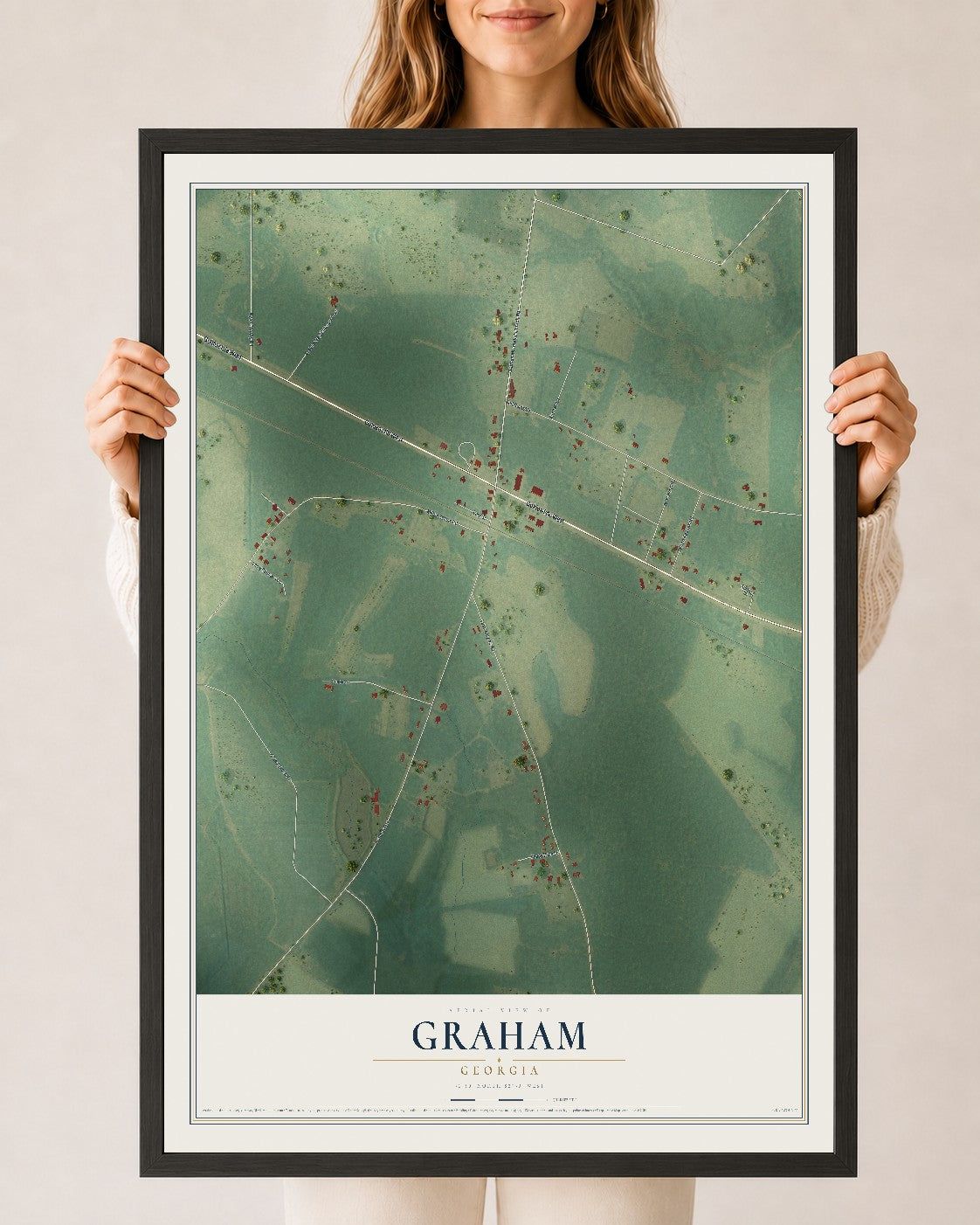 Graham, Georgia map print, 24" x 36" W/ Black Ayous Wood Frame mockup