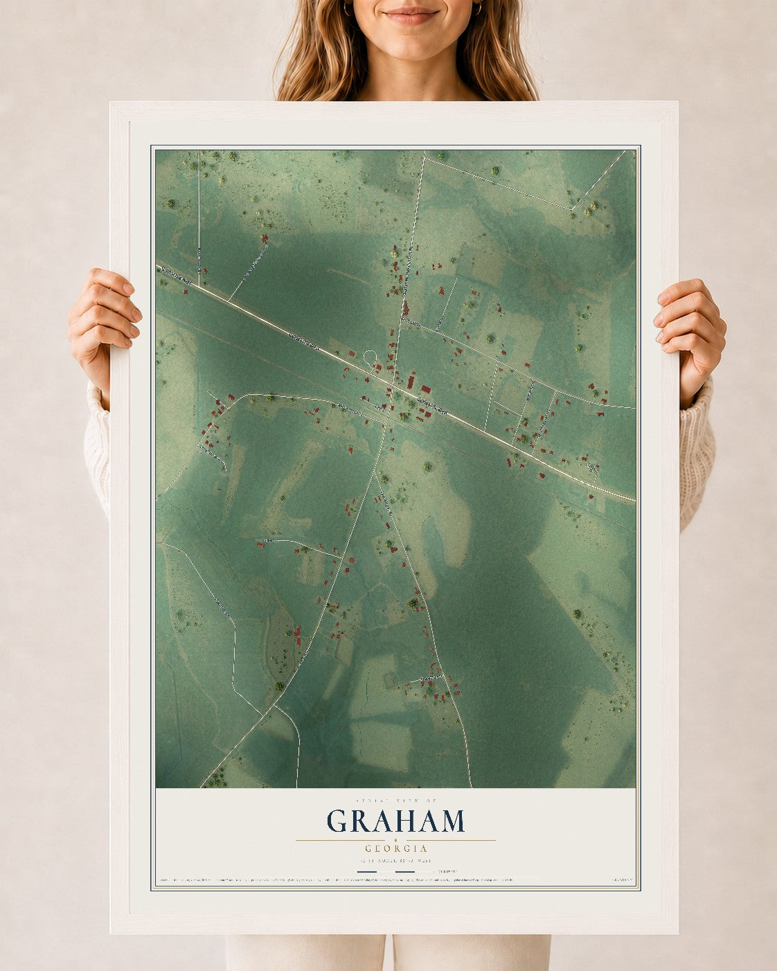 Graham, Georgia map print, 24" x 36" W/ White Ayous Wood Frame mockup