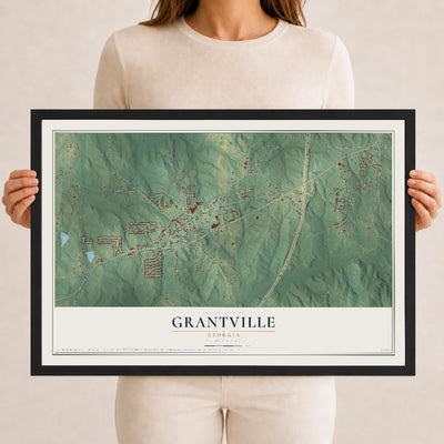Grantville, Georgia map print, 12" x 18" W/ Black Ayous Wood Frame mockup