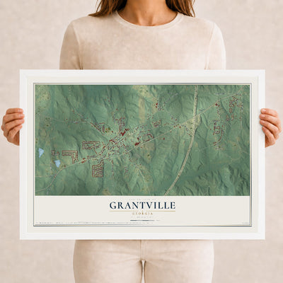 Grantville, Georgia map print, 12" x 18" W/ White Ayous Wood Frame mockup