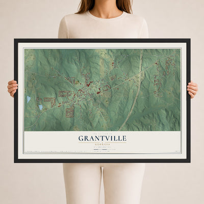 Grantville, Georgia map print, 24" x 36" W/ Black Ayous Wood Frame mockup