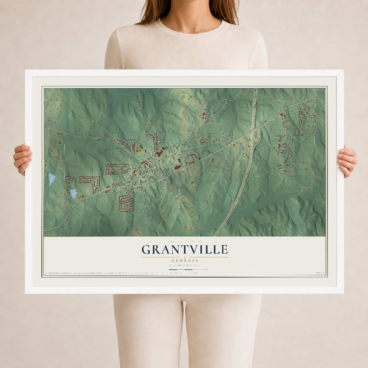 Grantville, Georgia map print, 24" x 36" W/ White Ayous Wood Frame mockup