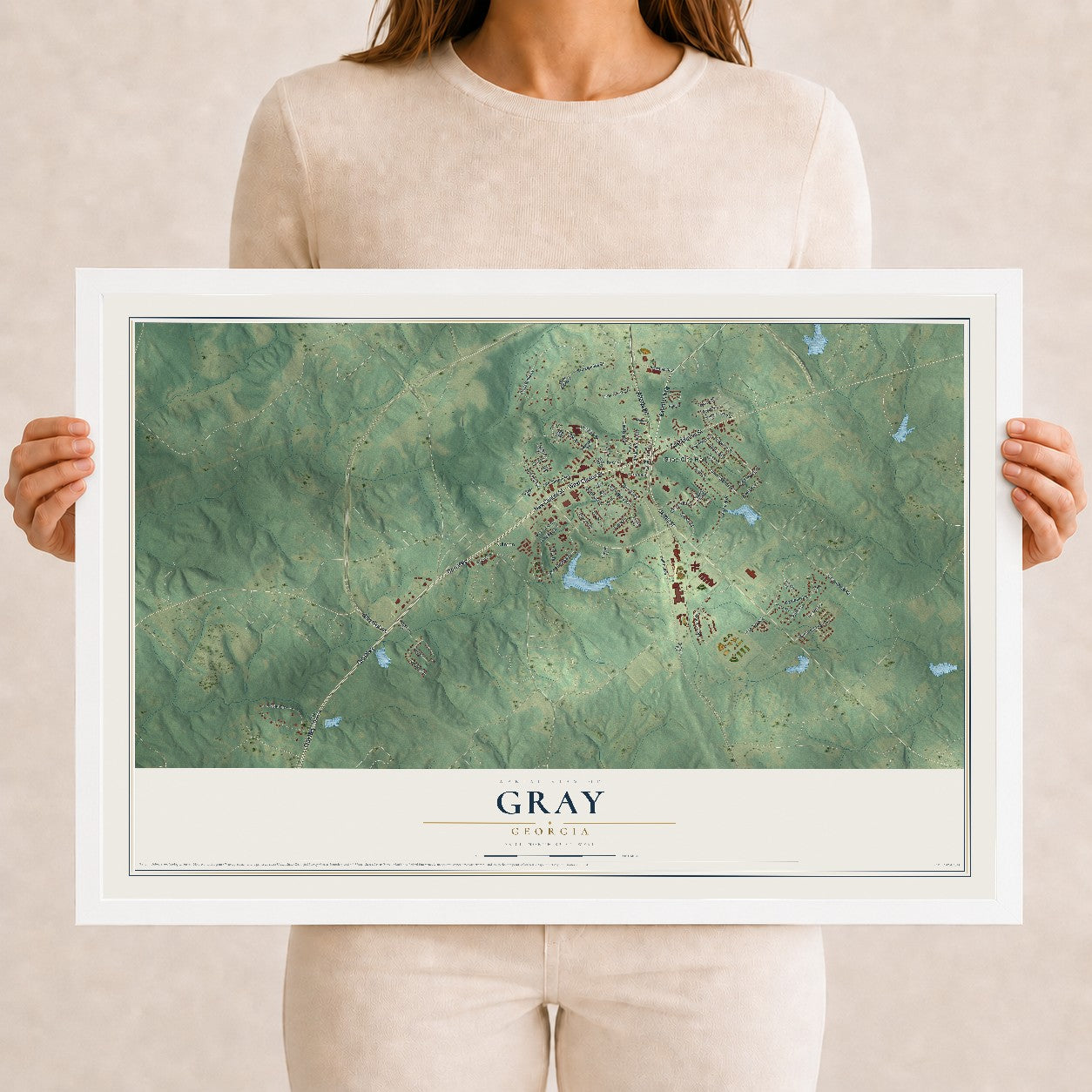 Gray, Georgia map print, 12" x 18" W/ White Ayous Wood Frame mockup