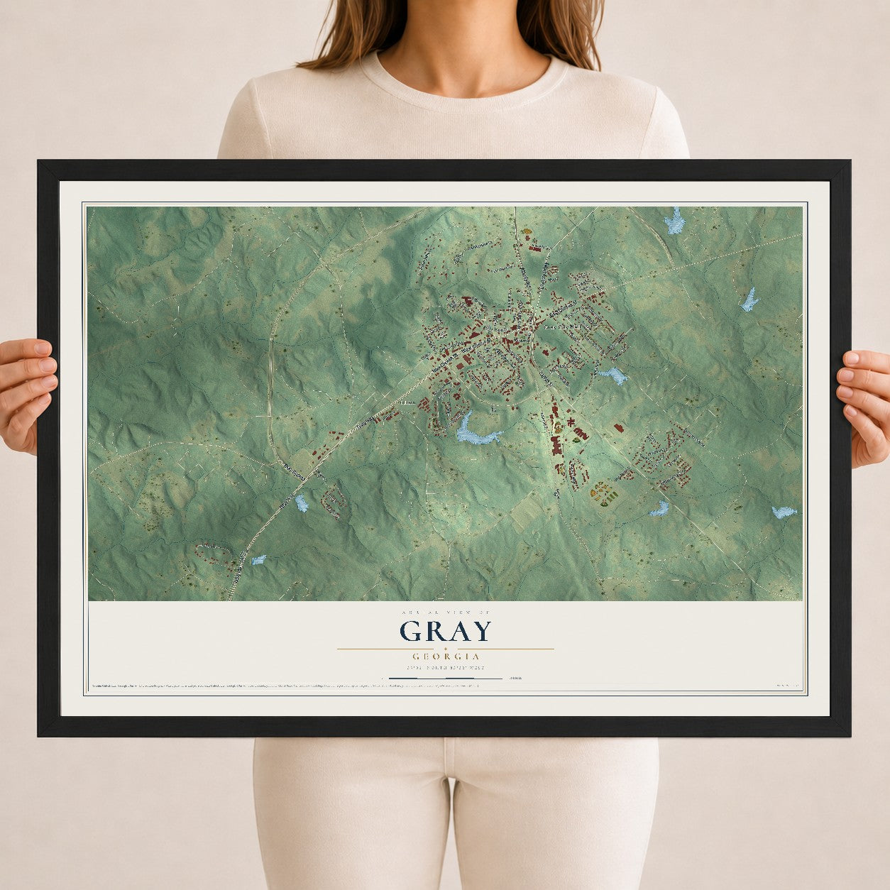 Gray, Georgia map print, 18" x 24" W/ Black Ayous Wood Frame mockup