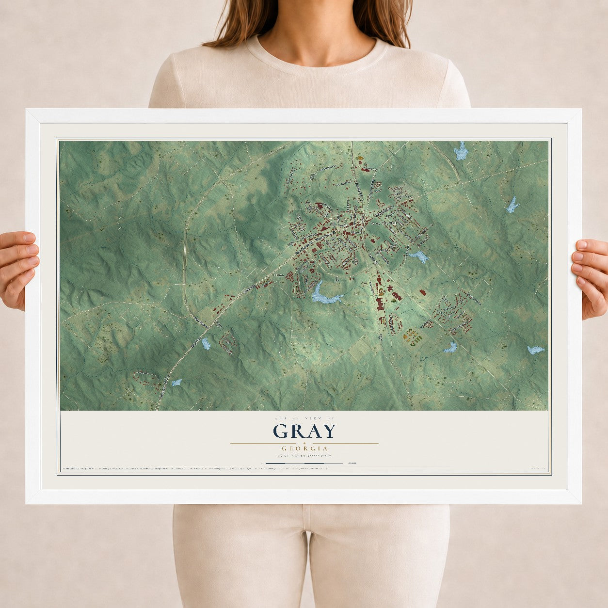 Gray, Georgia map print, 18" x 24" W/ White Ayous Wood Frame mockup