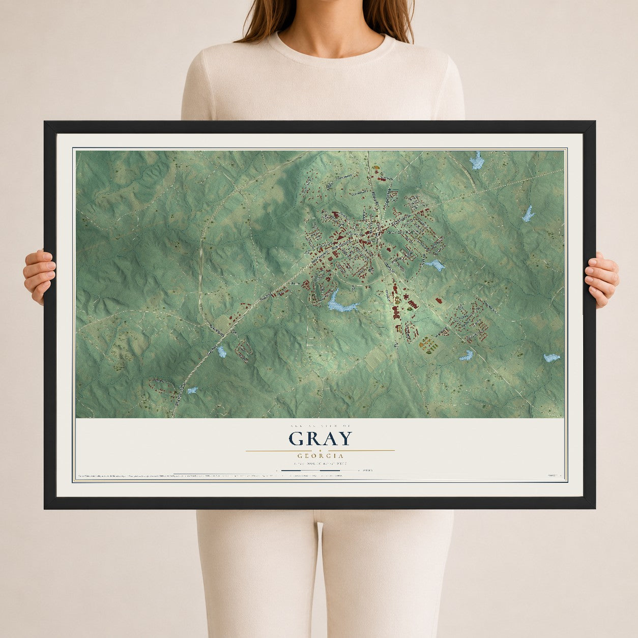 Gray, Georgia map print, 24" x 36" W/ Black Ayous Wood Frame mockup