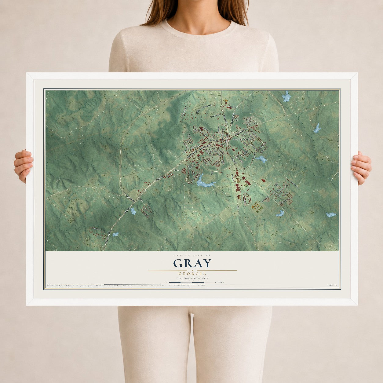 Gray, Georgia map print, 24" x 36" W/ White Ayous Wood Frame mockup