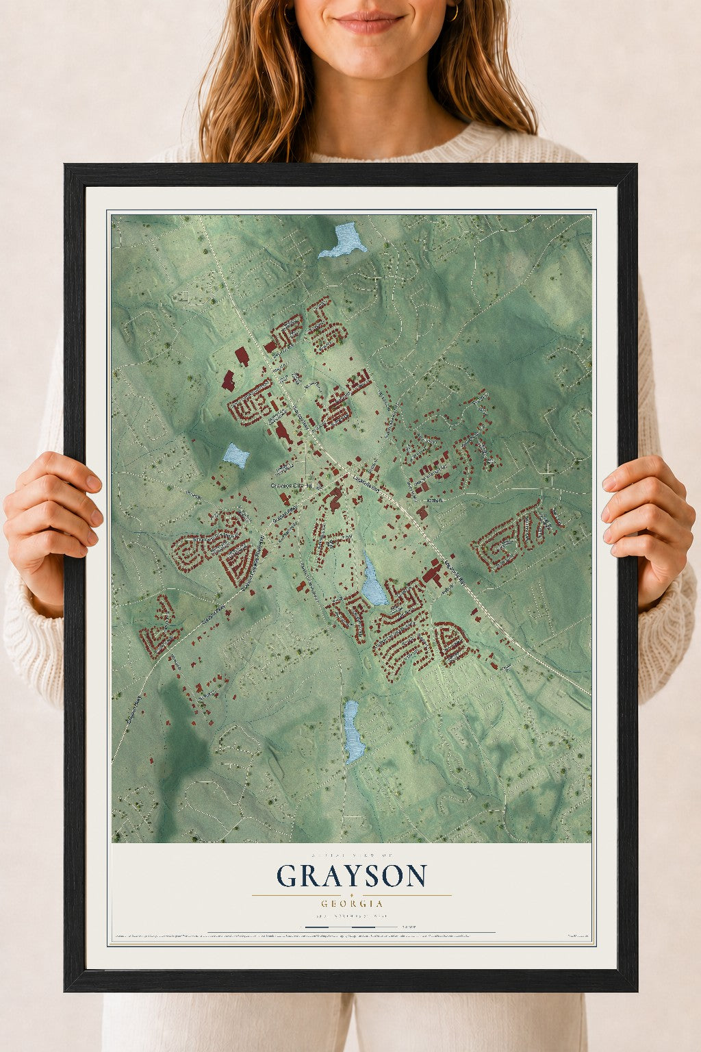 Grayson, Georgia map print, 18" x 24" W/ Black Ayous Wood Frame mockup