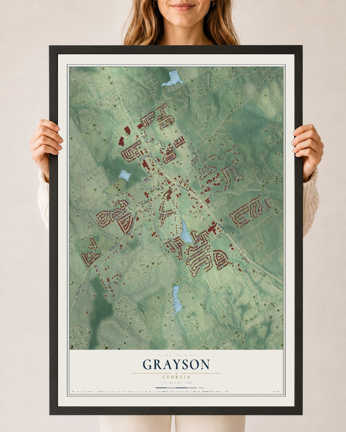 Grayson, Georgia map print, 24" x 36" W/ Black Ayous Wood Frame mockup