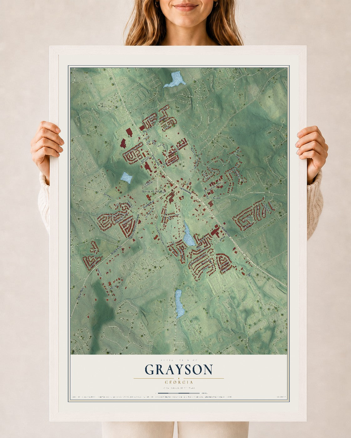 Grayson, Georgia map print, 24" x 36" W/ White Ayous Wood Frame mockup