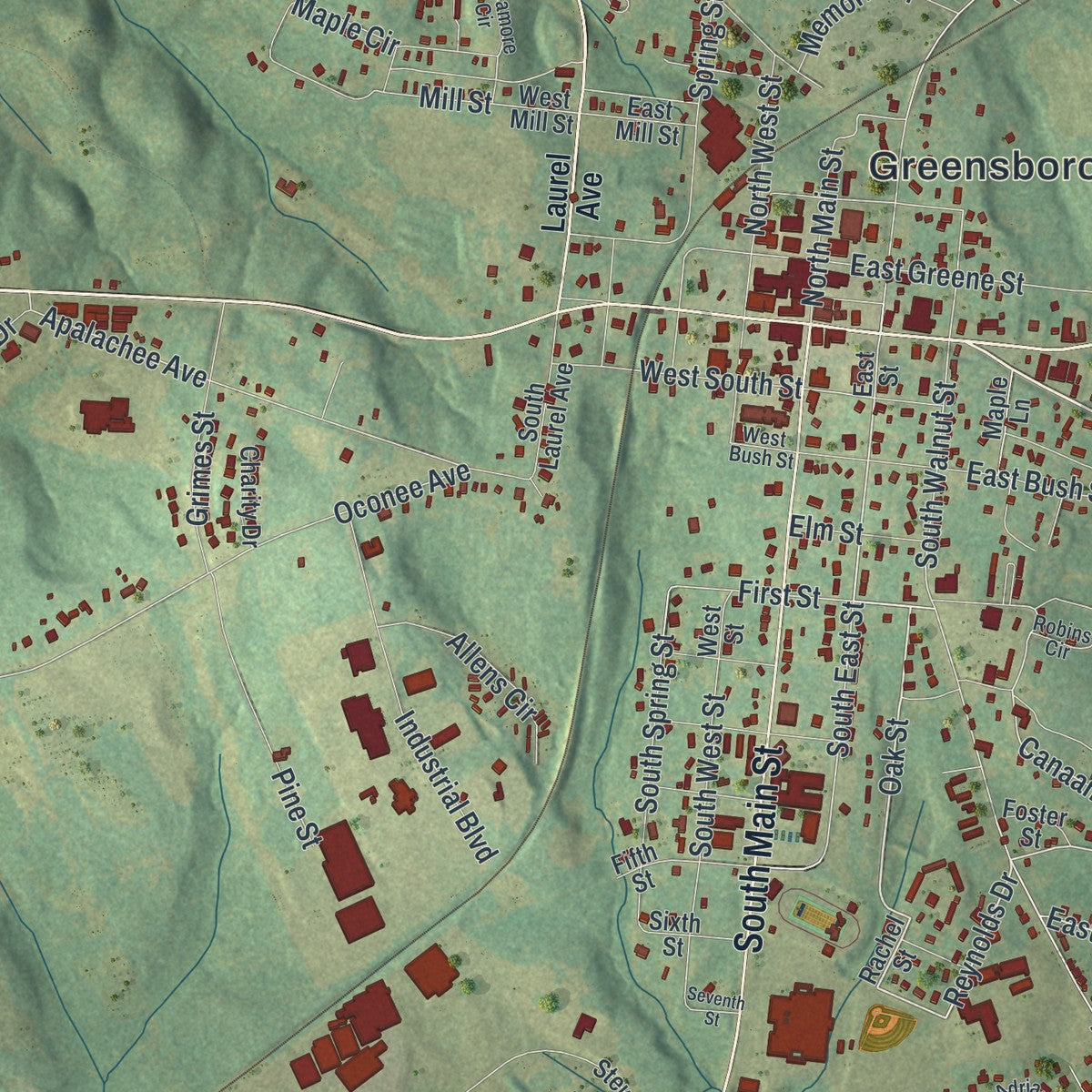 Close-up 1 of the Greensboro, Georgia map artwork