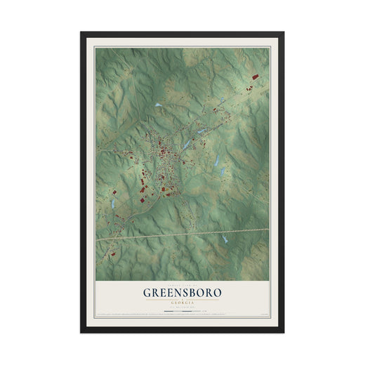 Map of Greensboro, Georgia, 12 x 18 inch print in a black wood frame