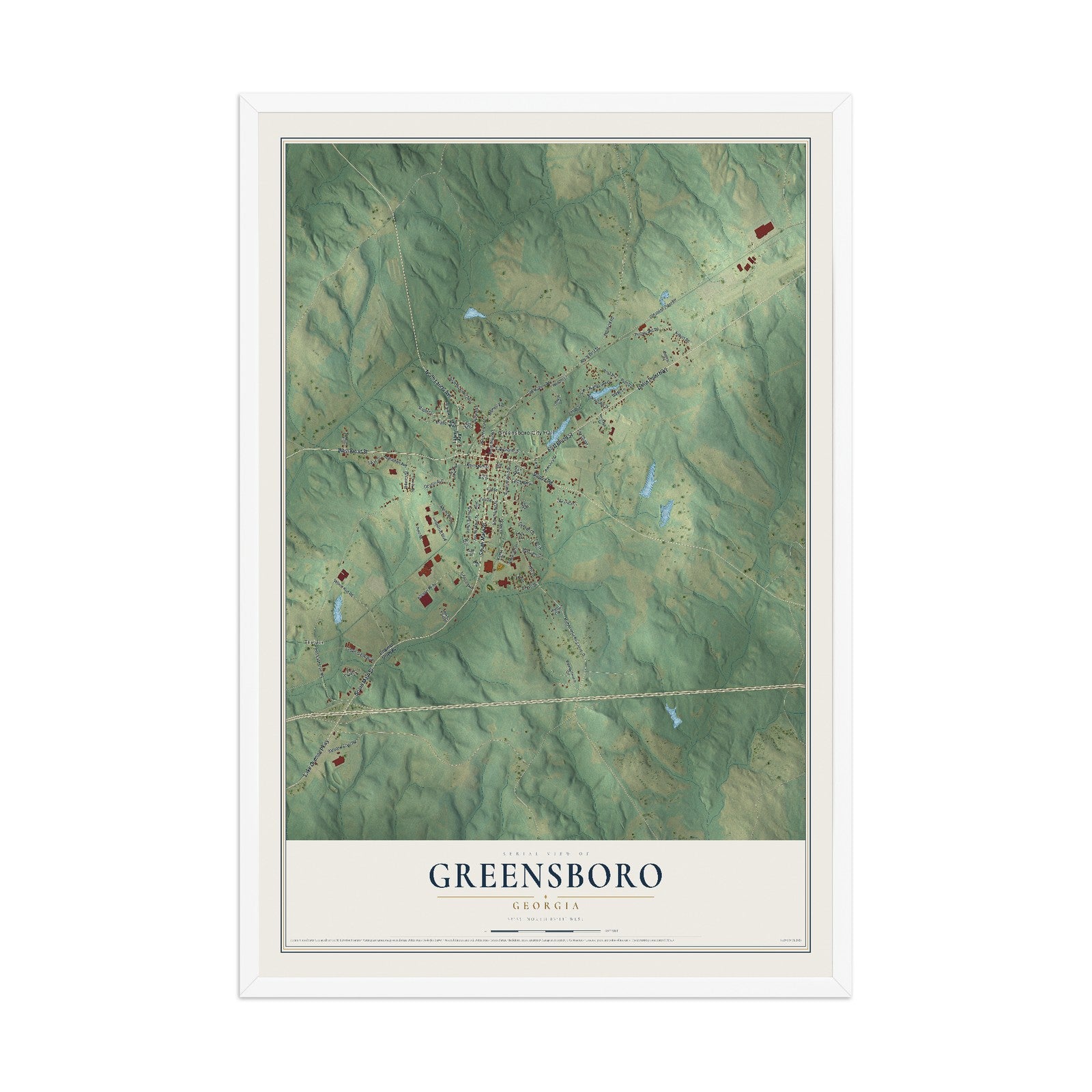 Greensboro, Georgia map print, 12" x 18" W/ White Ayous Wood Frame mockup