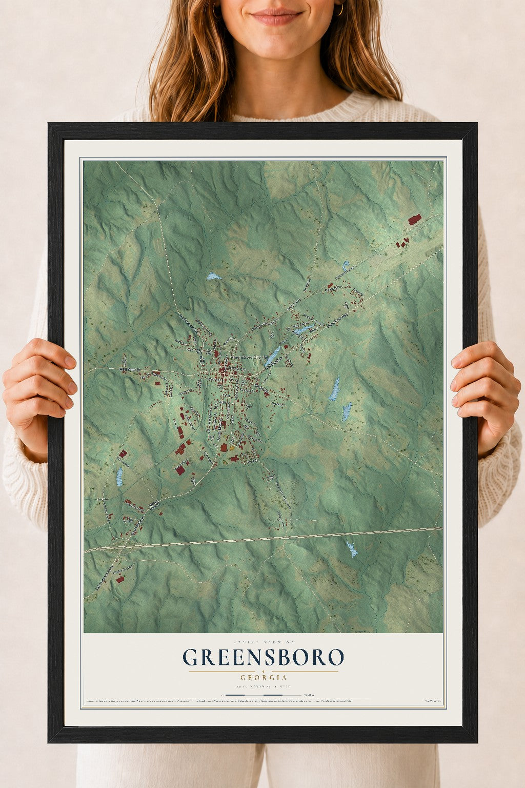 Greensboro, Georgia map print, 18" x 24" W/ Black Ayous Wood Frame mockup