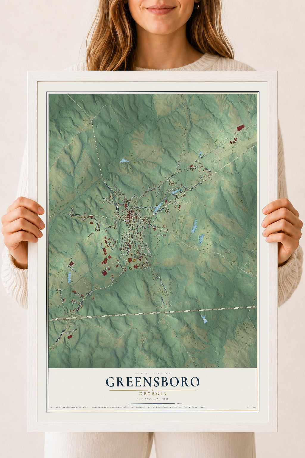 Greensboro, Georgia map print, 18" x 24" W/ White Ayous Wood Frame mockup