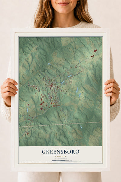 Greensboro, Georgia map print, 18" x 24" W/ White Ayous Wood Frame mockup