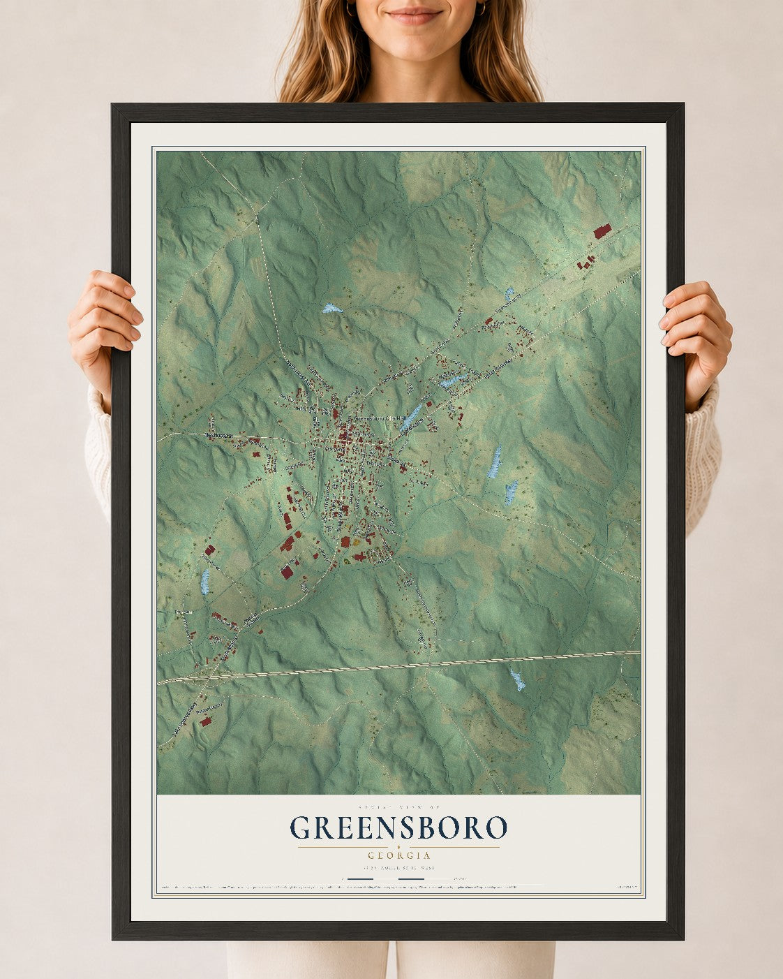 Greensboro, Georgia map print, 24" x 36" W/ Black Ayous Wood Frame mockup