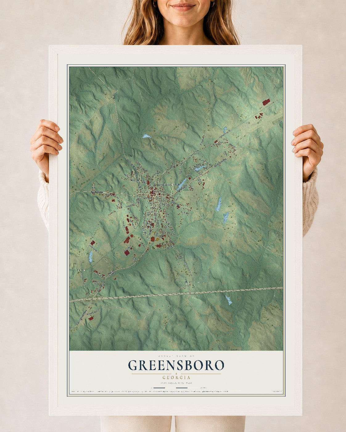 Greensboro, Georgia map print, 24" x 36" W/ White Ayous Wood Frame mockup