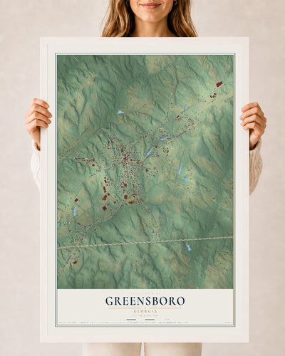 Greensboro, Georgia map print, 24" x 36" W/ White Ayous Wood Frame mockup