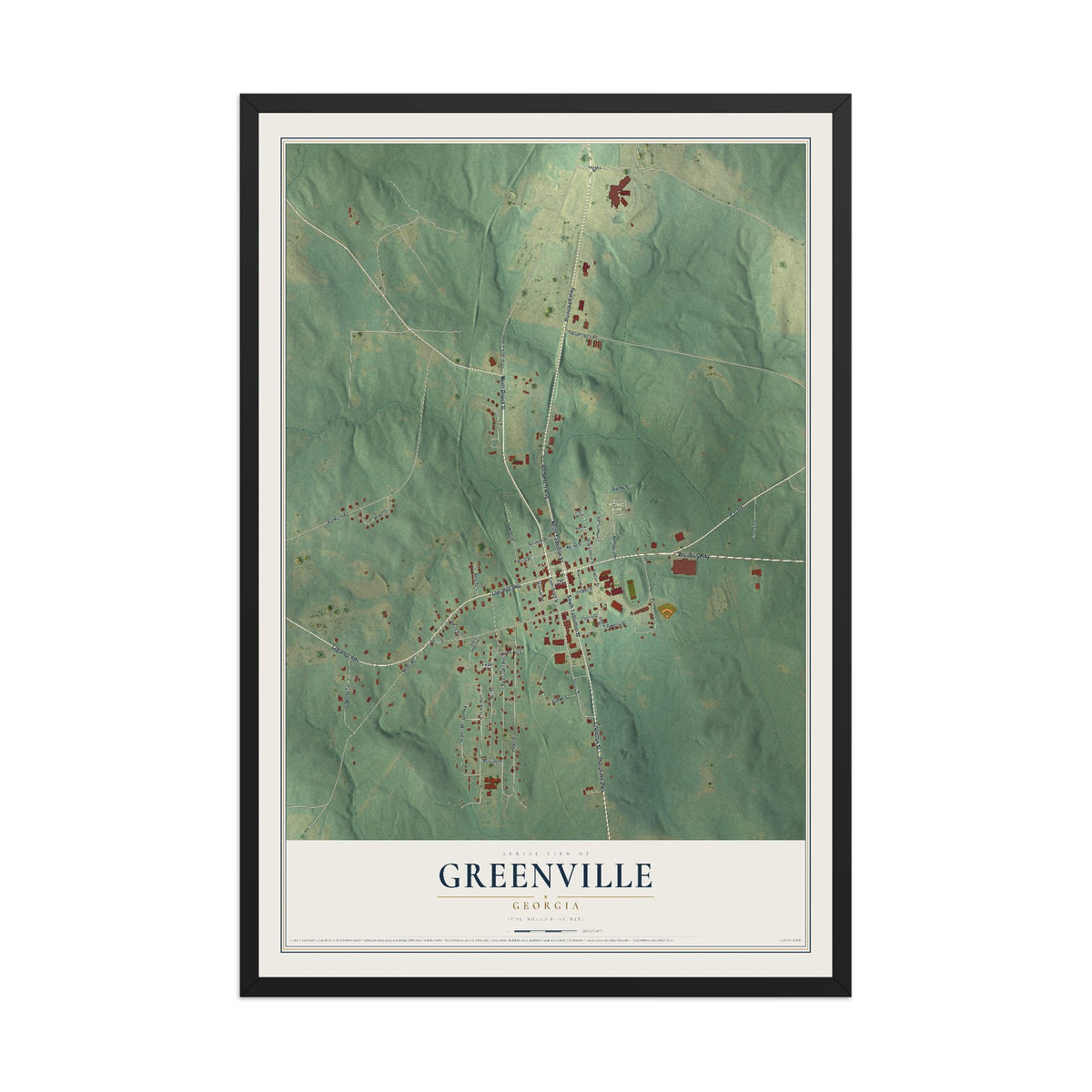 Greenville, Georgia map print, 12" x 18" W/ Black Ayous Wood Frame mockup