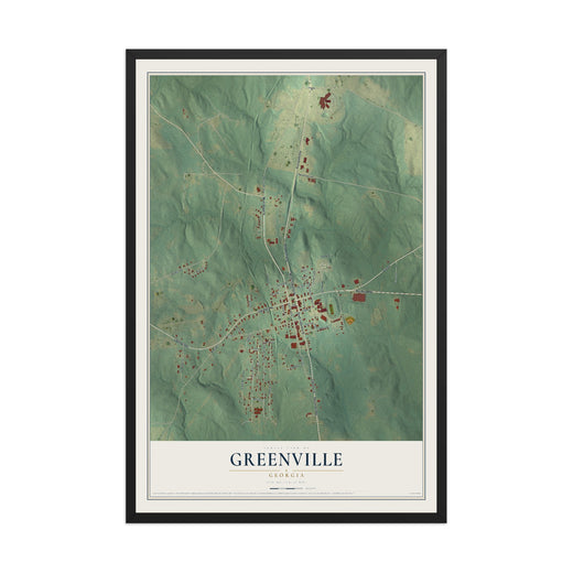Map of Greenville, Georgia, 12 x 18 inch print in a black wood frame
