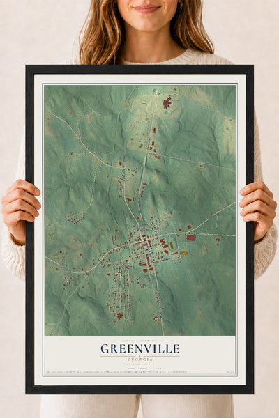 Greenville, Georgia map print, 18" x 24" W/ Black Ayous Wood Frame mockup