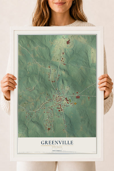 Greenville, Georgia map print, 18" x 24" W/ White Ayous Wood Frame mockup