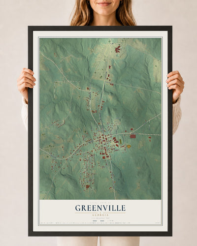 Greenville, Georgia map print, 24" x 36" W/ Black Ayous Wood Frame mockup