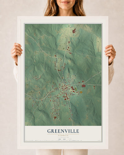 Greenville, Georgia map print, 24" x 36" W/ White Ayous Wood Frame mockup