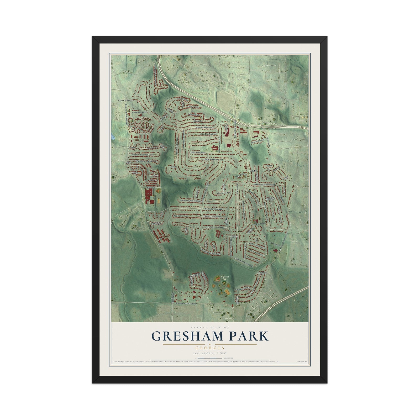 Gresham Park, Georgia map print, 12" x 18" W/ Black Ayous Wood Frame mockup