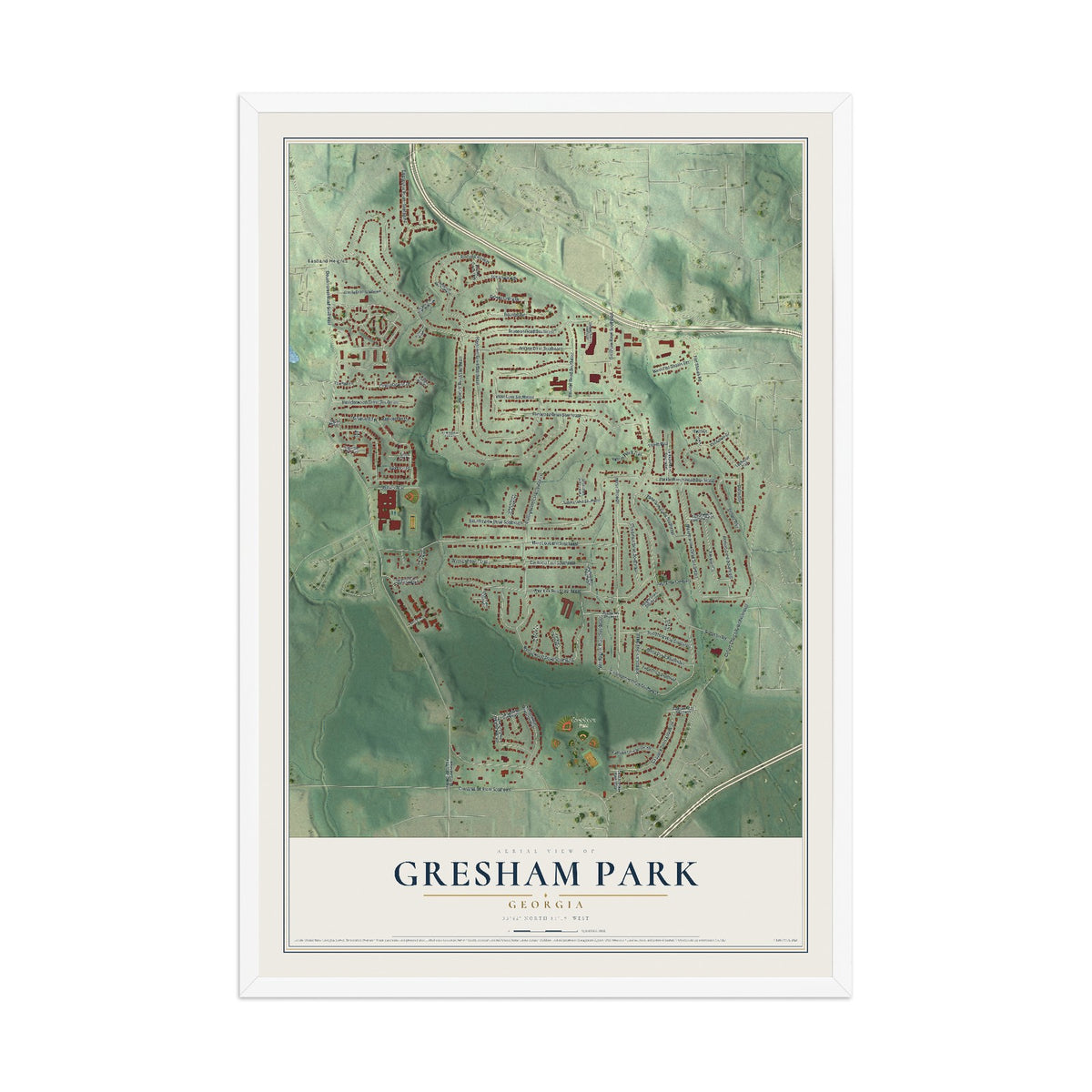 Gresham Park, Georgia map print, 12" x 18" W/ White Ayous Wood Frame mockup