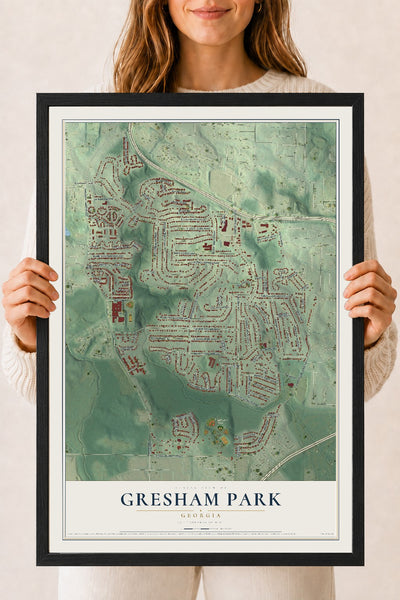 Gresham Park, Georgia map print, 18" x 24" W/ Black Ayous Wood Frame mockup