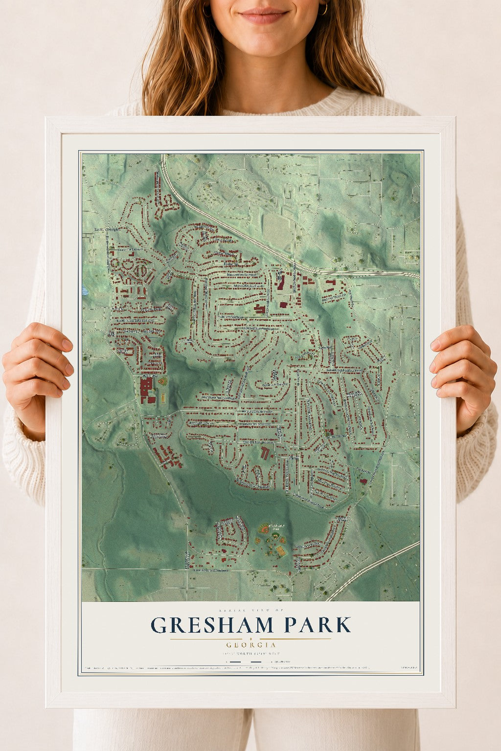 Gresham Park, Georgia map print, 18" x 24" W/ White Ayous Wood Frame mockup