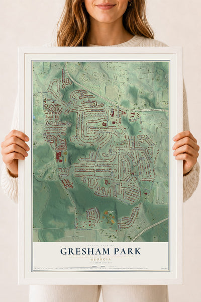 Gresham Park, Georgia map print, 18" x 24" W/ White Ayous Wood Frame mockup
