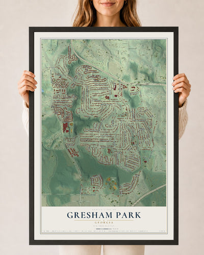 Gresham Park, Georgia map print, 24" x 36" W/ Black Ayous Wood Frame mockup