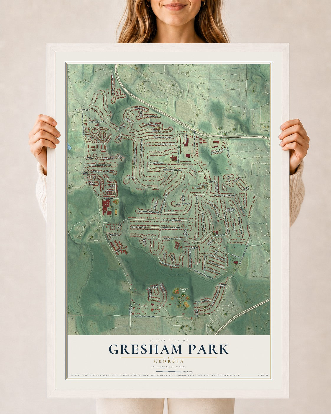 Gresham Park, Georgia map print, 24" x 36" W/ White Ayous Wood Frame mockup
