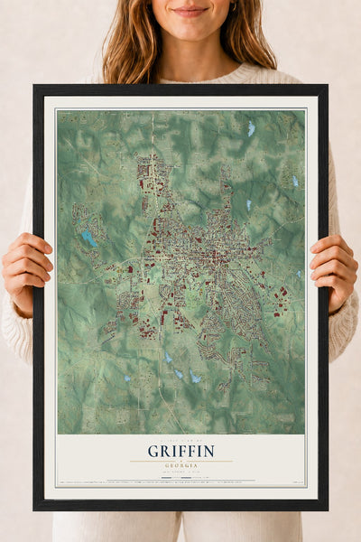 Griffin, Georgia map print, 18" x 24" W/ Black Ayous Wood Frame mockup