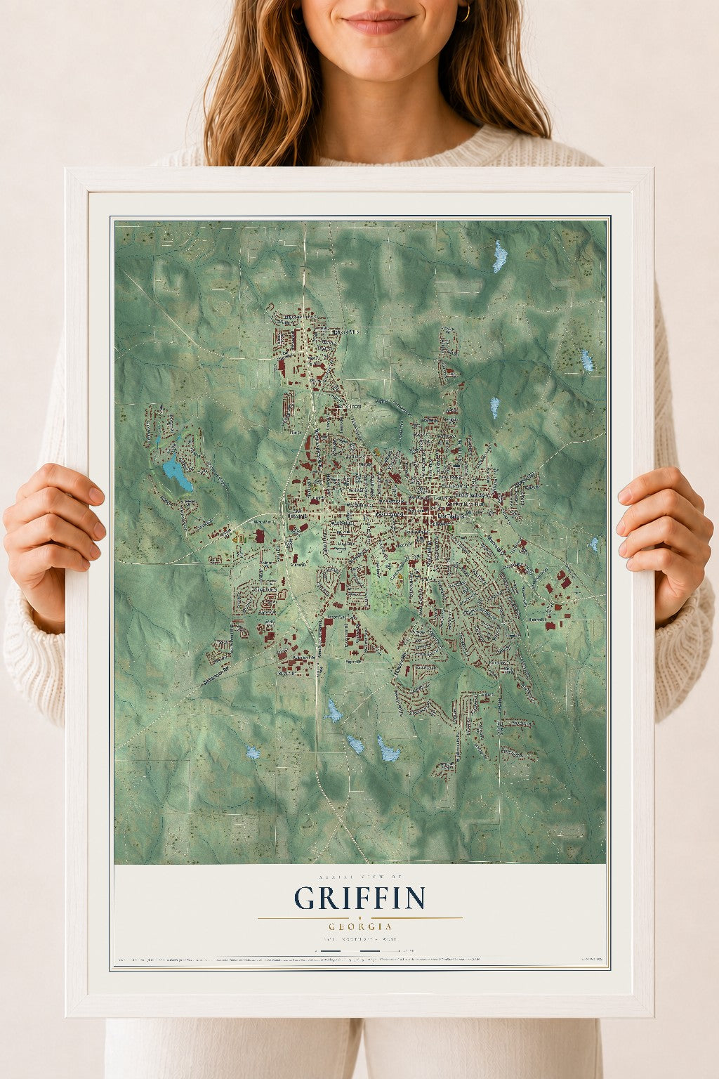 Griffin, Georgia map print, 18" x 24" W/ White Ayous Wood Frame mockup