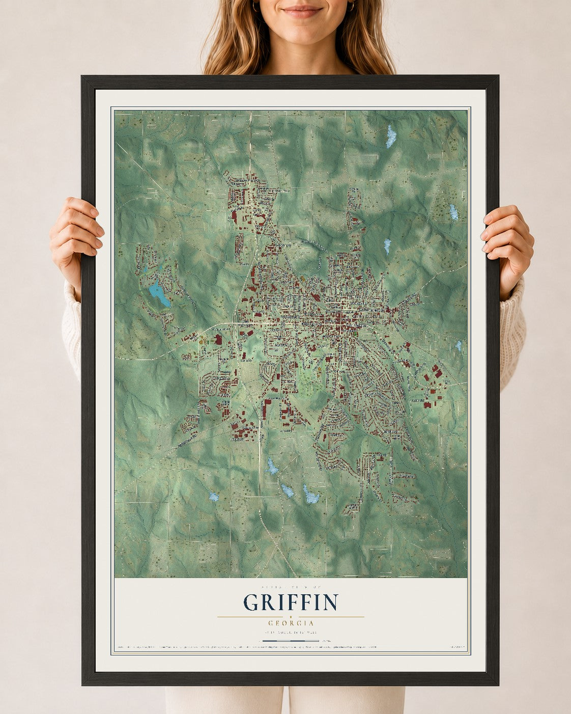 Griffin, Georgia map print, 24" x 36" W/ Black Ayous Wood Frame mockup