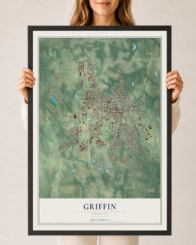 Griffin, Georgia map print, 24" x 36" W/ Black Ayous Wood Frame mockup