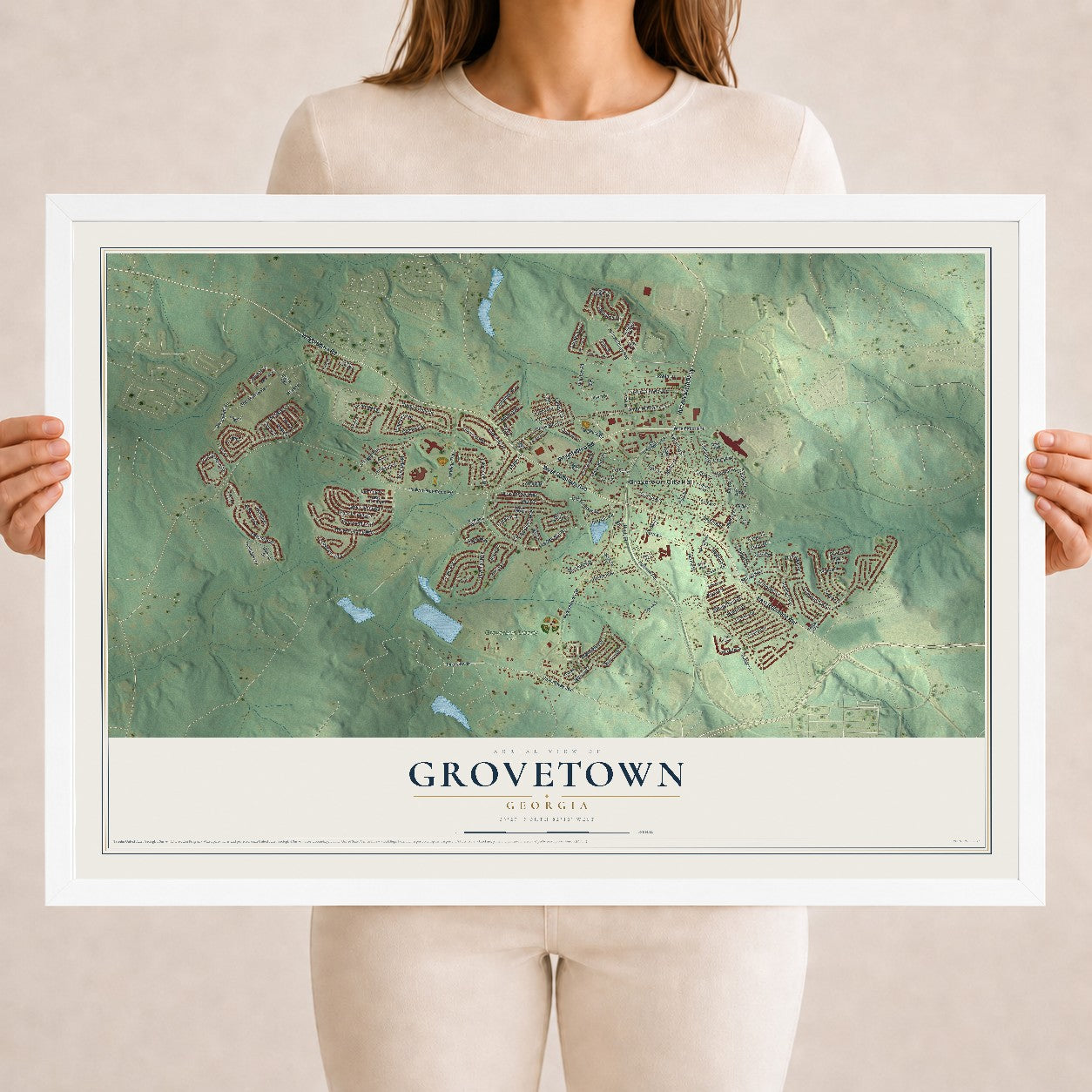 Grovetown, Georgia map print, 18" x 24" W/ White Ayous Wood Frame mockup