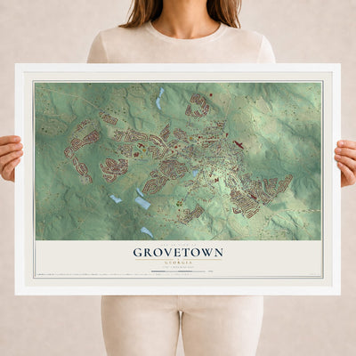 Grovetown, Georgia map print, 18" x 24" W/ White Ayous Wood Frame mockup