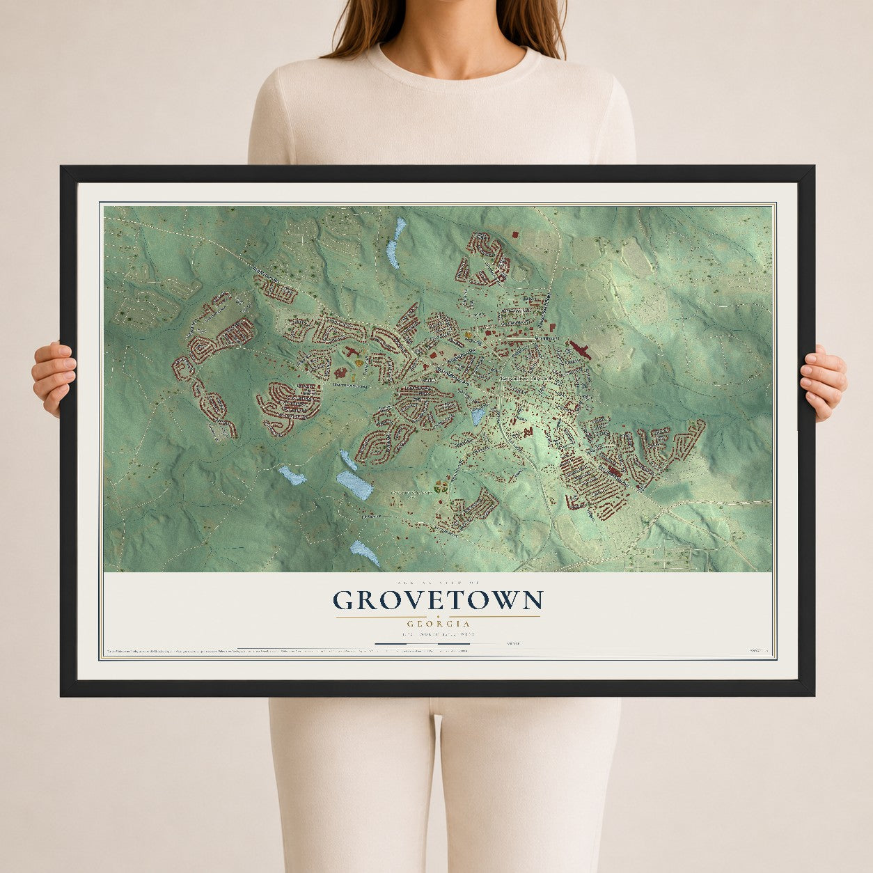 Grovetown, Georgia map print, 24" x 36" W/ Black Ayous Wood Frame mockup