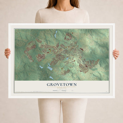 Grovetown, Georgia map print, 24" x 36" W/ White Ayous Wood Frame mockup