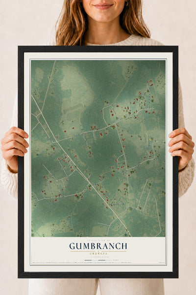 Gumbranch, Georgia map print, 18" x 24" W/ Black Ayous Wood Frame mockup