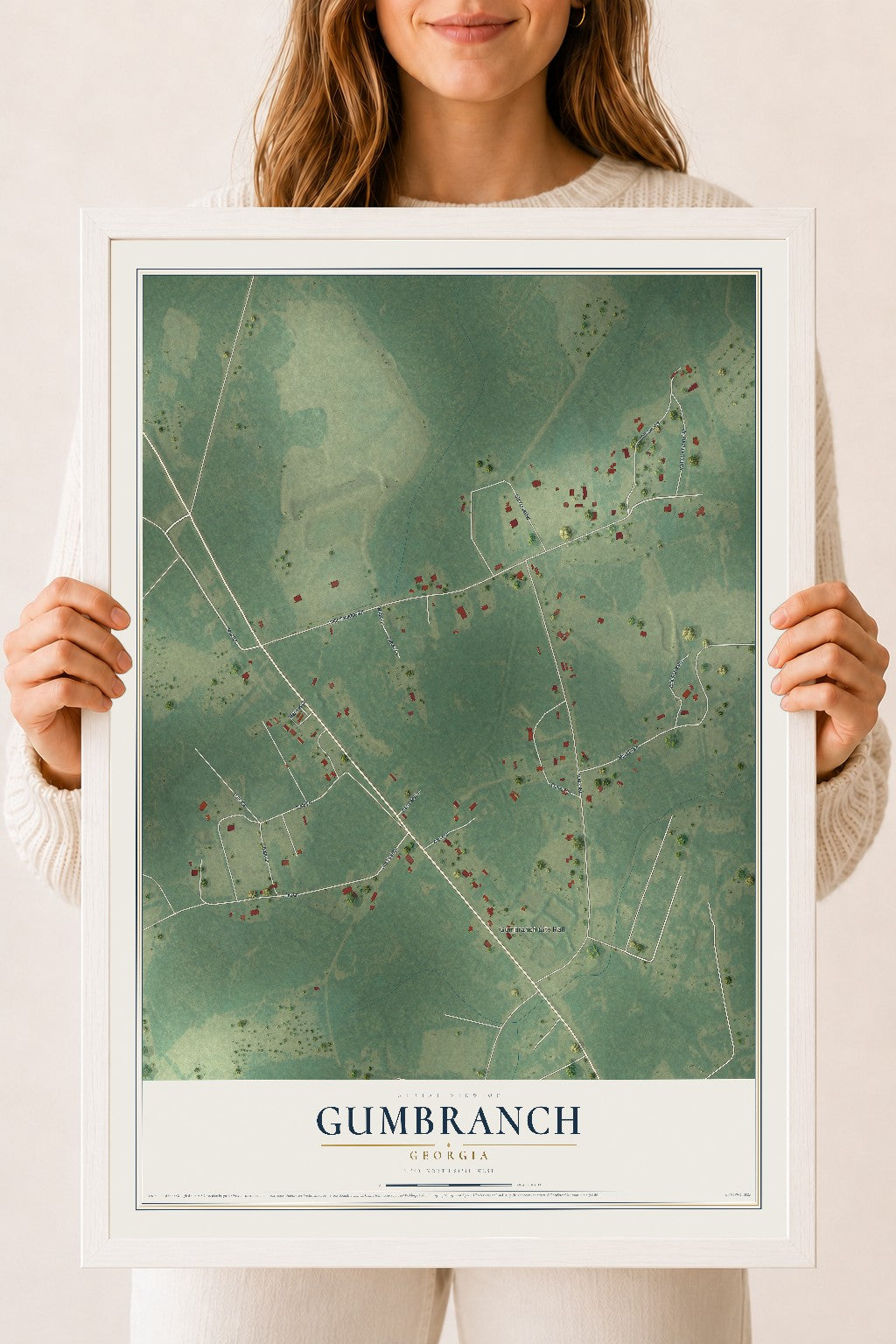 Gumbranch, Georgia map print, 18" x 24" W/ White Ayous Wood Frame mockup